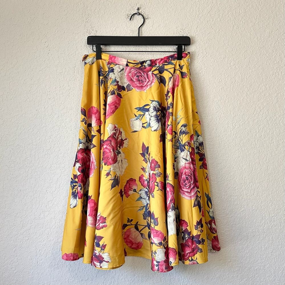 MODCLOTH Skirt Yellow Pink Rose Ikebana For All Swing Midi Flare